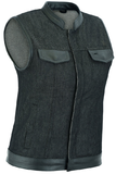 DM963 Women's Rough Rub-Off Raw Finish Denim Vest w/Leather Trim