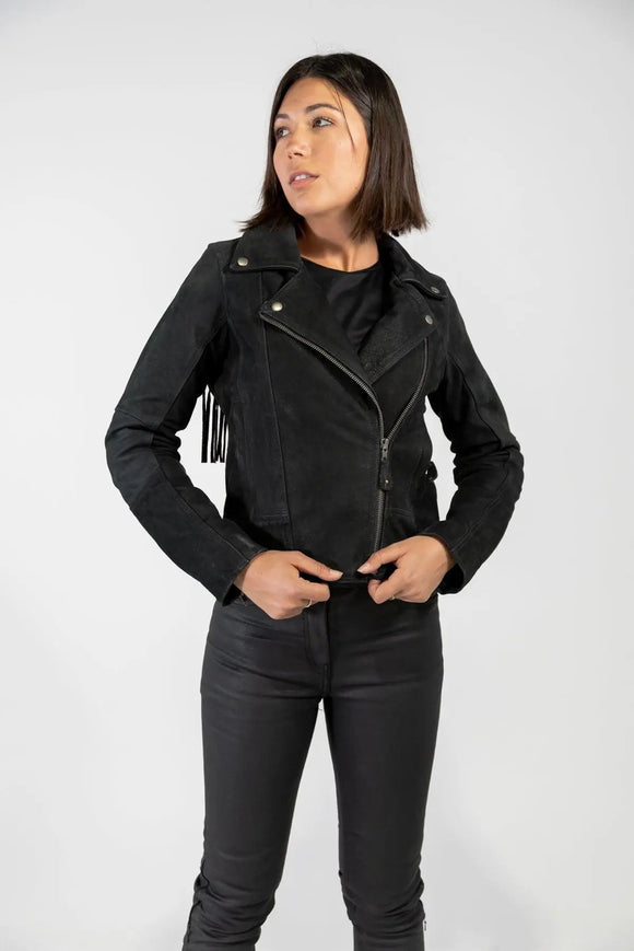 Womens fringed leather clearance biker jacket